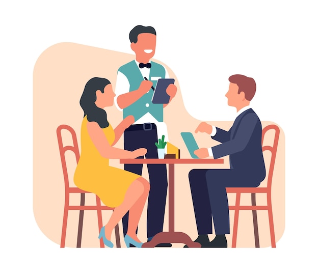 Vector man and woman sit at table in cafe and waiter takes their order romantic dating dinner in restaurant couple at dining desk with menu family ordering meal in cafeteria vector concept