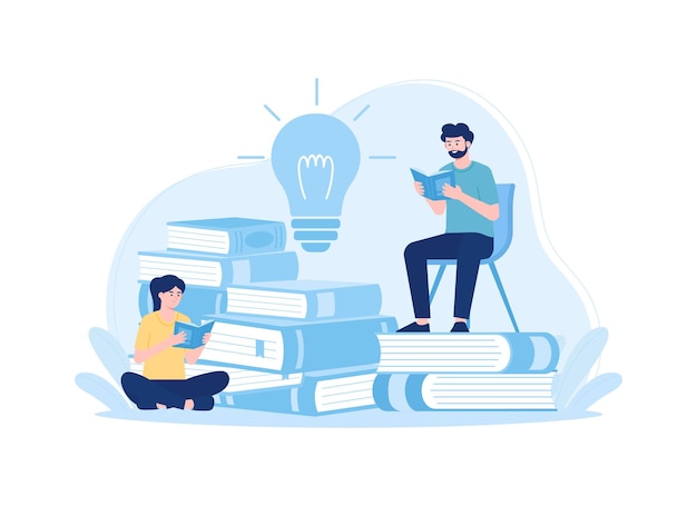 a man and a woman sitting on a book trending concept flat illustration