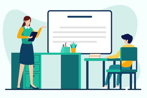 Man and woman sitting at desk in office and discussing something Vector illustration in flat style