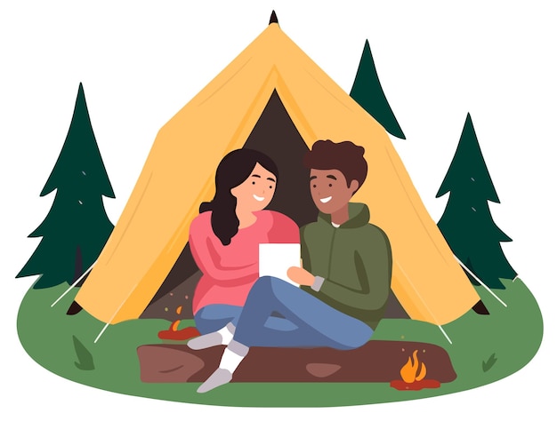 Vector a man and woman sitting in front of a tent with a tablet in front of them.