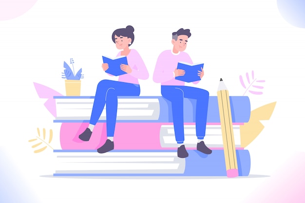 Man and woman sitting on huge books and reading book