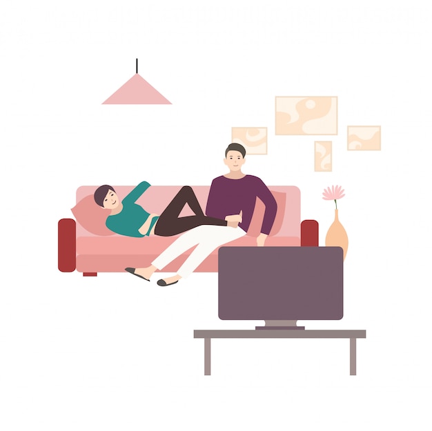 Vector man and woman sitting and lying on comfortable sofa and watching tv. young couple spending time together at home in front of television set. cute flat cartoon characters. colorful   illustration.