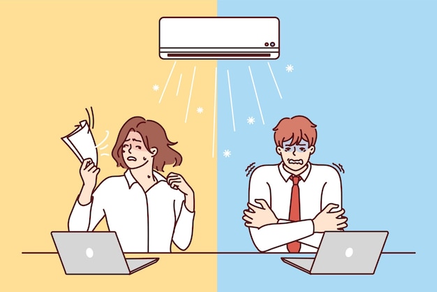 Man and woman sitting at office table under air conditioner experience discomfort