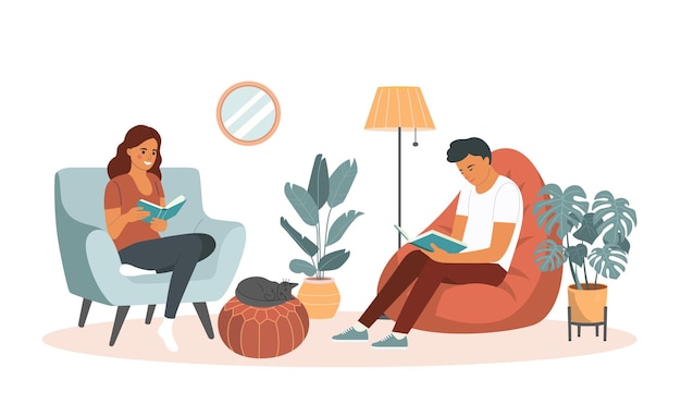 Man and woman sitting on the sofa and chair with books vector flat illustration