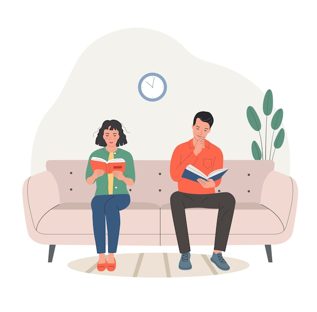 Man and woman sitting on the sofa with books vector flat style illustration