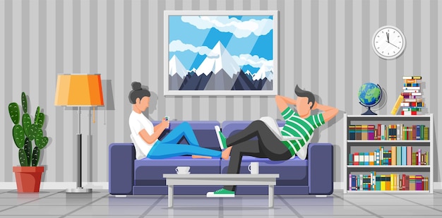 Man and woman sitting on sofa with notebook and smartphone. boy with laptop and girl using phone sitting on couch. freelance couple work from home. online education, learning. flat vector illustration