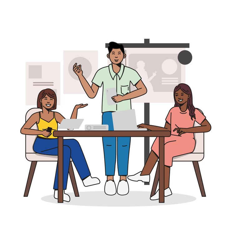Vector a man and woman sitting at a table with a presentation on the screen