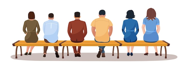 Man and woman sitting together on bench view from back. Group of different young adult people character rest on park seat sitting in row waiting public transport vector illustration isolate on white