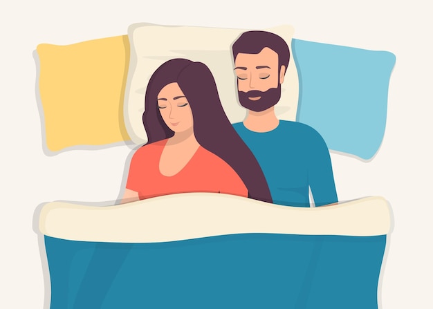 Vector man and woman sleeping in bed loving couple sleeps at night lovers sleep in an embrace flat vector illustration