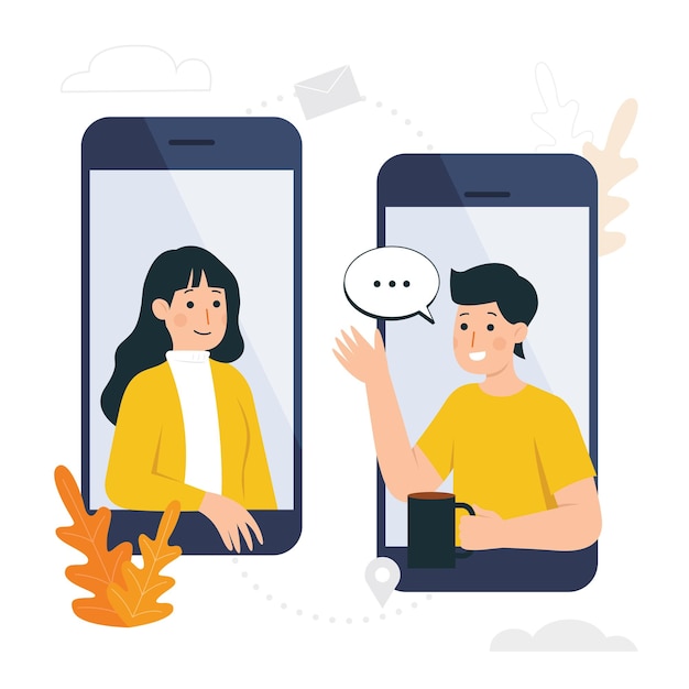 Vector man and woman socializing and chatting online through smartphone conversation concept vector