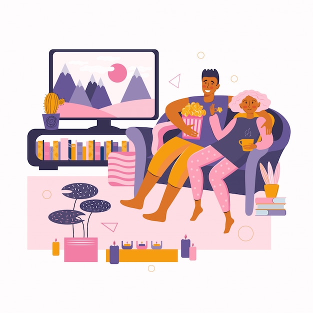 Vector man and a woman spend time together at home and watches movie on tv. home online movie theater. stay at home together.