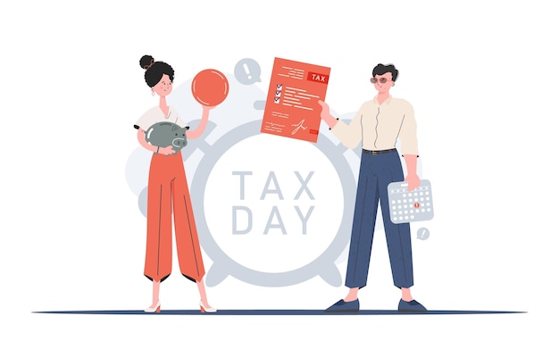 A man and a woman stand in full growth with a piggy bank and a coin payment of taxes element for presentation vector illustration