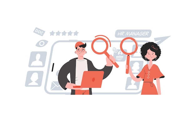 Vector a man and a woman stand with a belt and hold a laptop and a magnifying glass search element for presentations websites