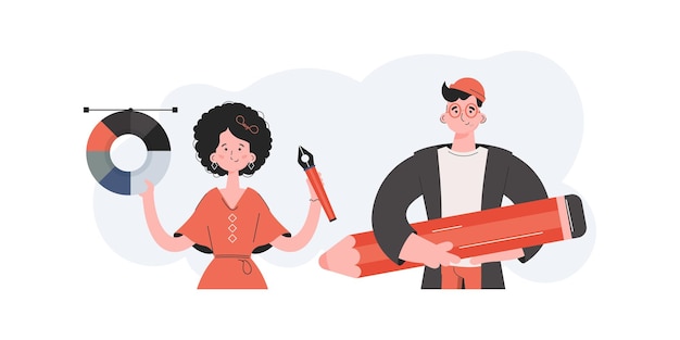 Мужчина и женщина стоят с ремнем и ручкой. Элемент дизайна для презентационных сайтов.