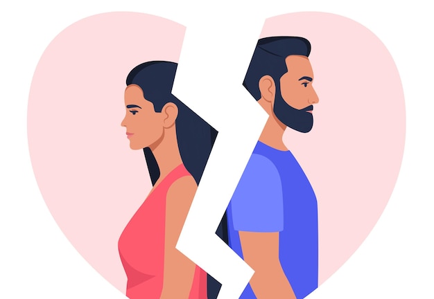 Мужчина и женщина стоят спиной друг к другу разбитое сердце на заднем плане Концепция развода