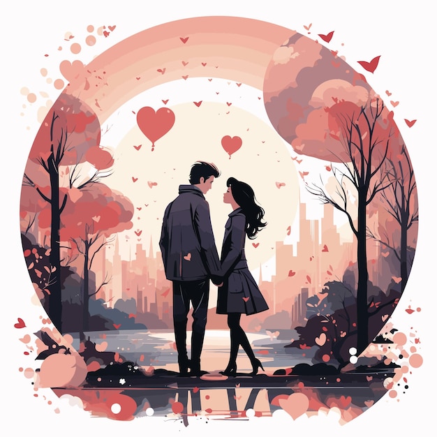 Vector man and woman standing next to each other in front of trees