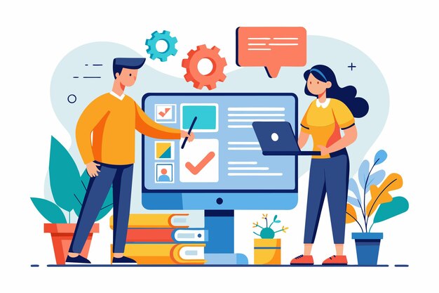 a man and woman standing in front of a computer screen working on installing software the people are working on installing on the computer simple and minimalist flat vector illustration