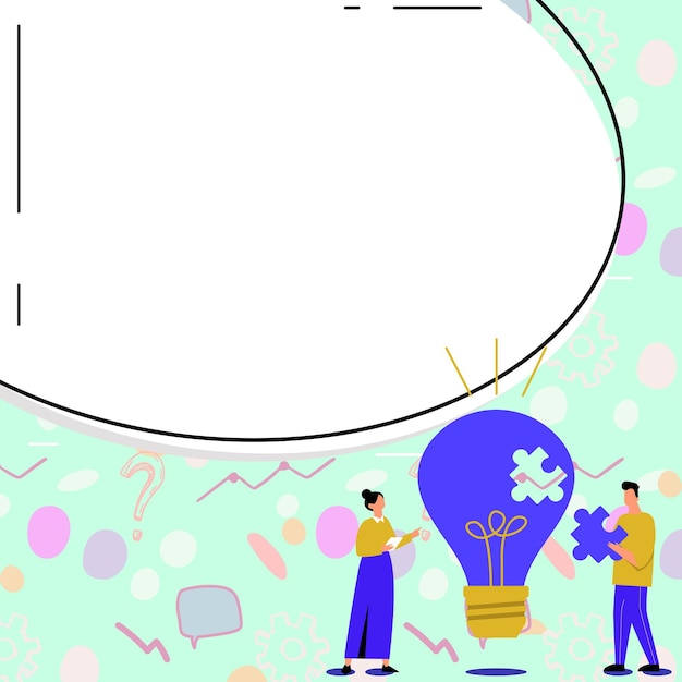 Vector man and woman standing near big bulb with peace of puzzle two people displaying recent updates white dialog bow for text on bright colored background