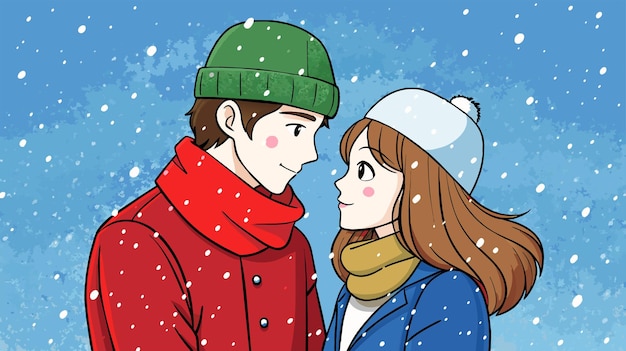 雪 に 立っ て いる 男 と 女