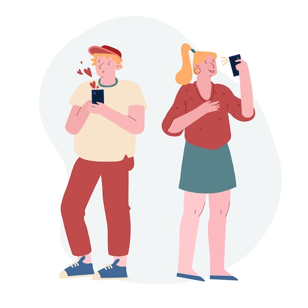 Man and Woman Standing with Smartphones