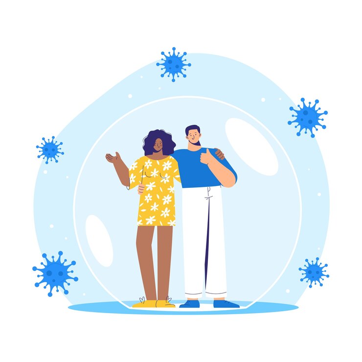 Vector man and woman stands inside a protective bubble, they are vaccinated and protected from coronavirus