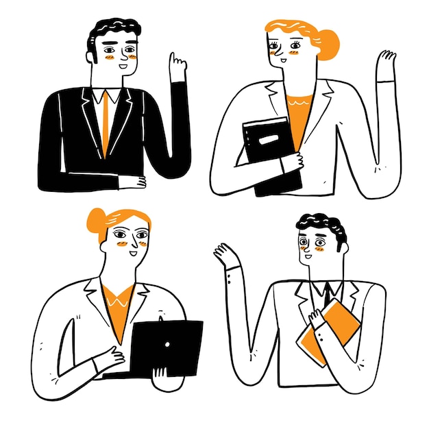 Vector man, woman, student or businessman, secretary talking or giving presentation. vector illustration hand drawing doodle style