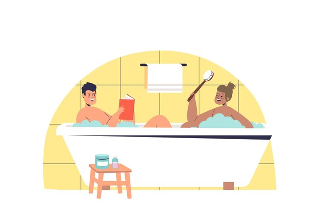 Man and woman taking bath together lying in bathtub with foam and hot water