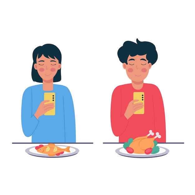 Man and woman taking photos of food