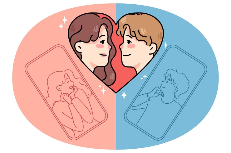 Vector 男性と女性がアプリでオンラインデートを話します