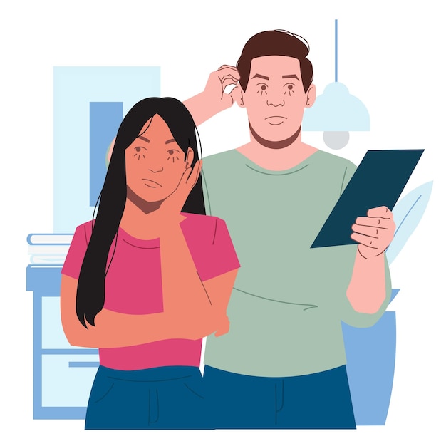 Man woman thinking confused expression in flat illustration