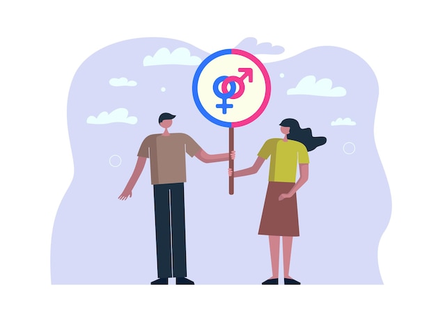 Man and woman together holding sign with Mars and Venus heterosexual symbols