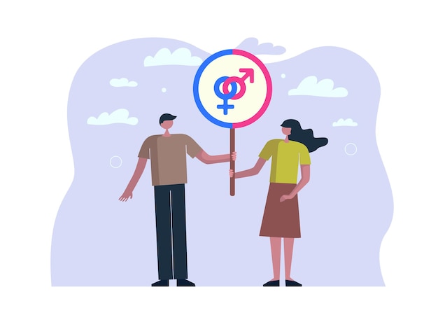 Vector man and woman together holding sign with mars and venus heterosexual symbols