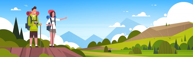 man and woman tourists with backpacks over beautiful nature landscape background couple hiking horizontal banner
