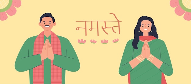Мужчина и женщина в традиционной индийской одежде держатся за руки и приветствуют Индию