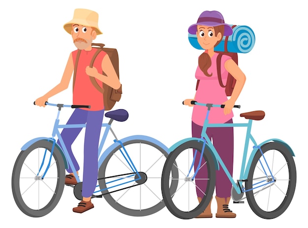男と女は、白い背景で隔離の自転車で旅行します。