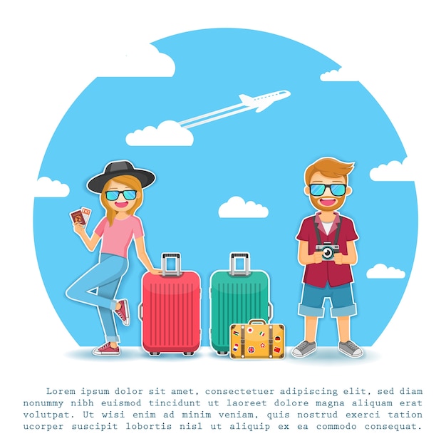 Vector man and woman traveler travel around the world concept.