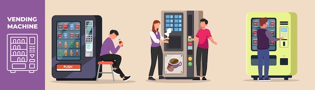 Man and woman using vending machine for buying snack soft drink and coffee Vending machine set concept Colored flat graphic vector illustration isolated