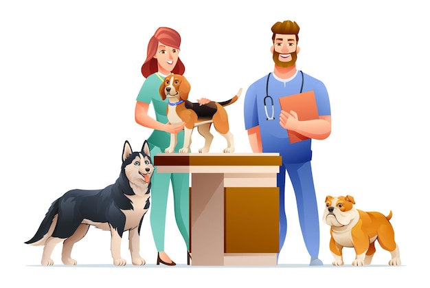 man and woman veterinarians with cute dogs cartoon illustration