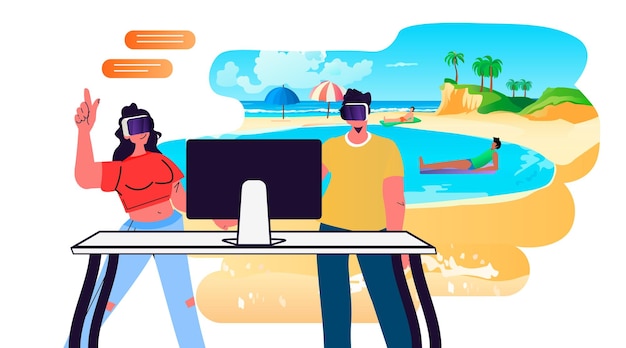 Vector man woman in virtual reality glasses relaxing on tropical beach summer vacation holiday time to travel concept