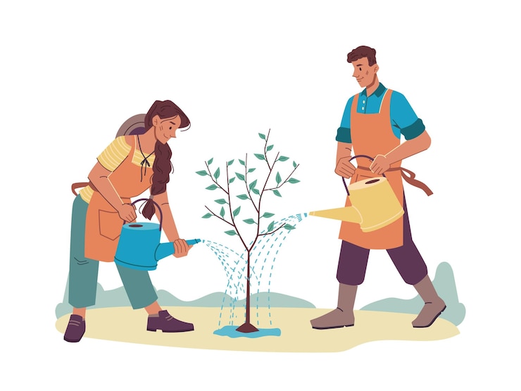 Vector man woman watering growing tree isolated people