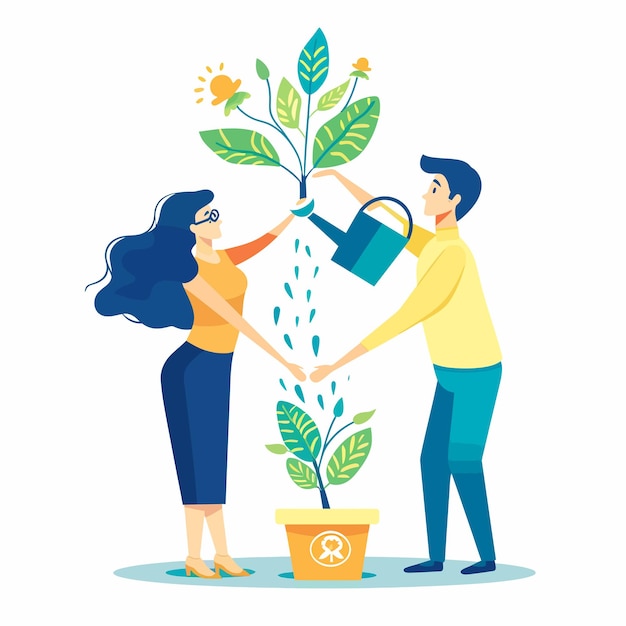 Vector a man and a woman watering plants with a pot with a plant on it