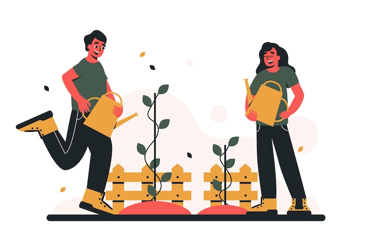 Vector man and woman watering plants