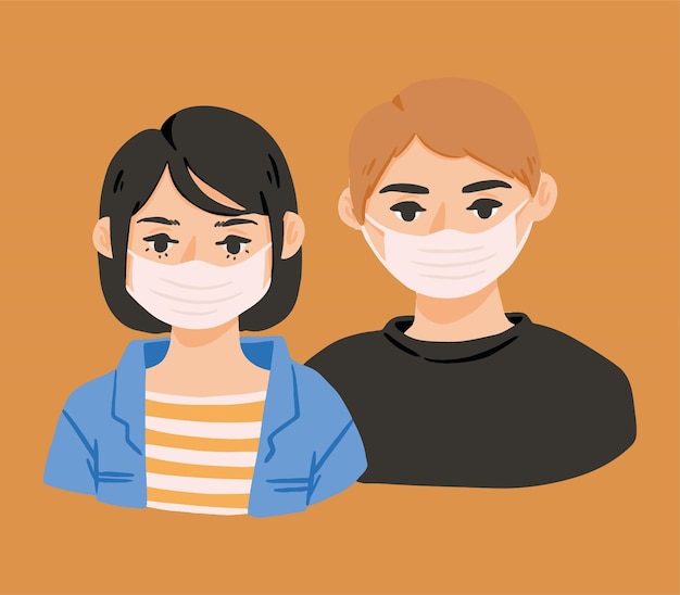 Man and Woman Wear Masks Cute Illustration Hand Drawn