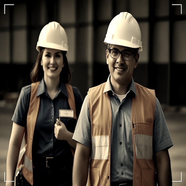Vector a man and woman wearing hard hats are wearing a vest that says quot gourmet quot