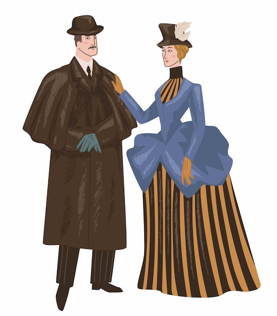 Vector man and woman wearing victorian epoch clothes