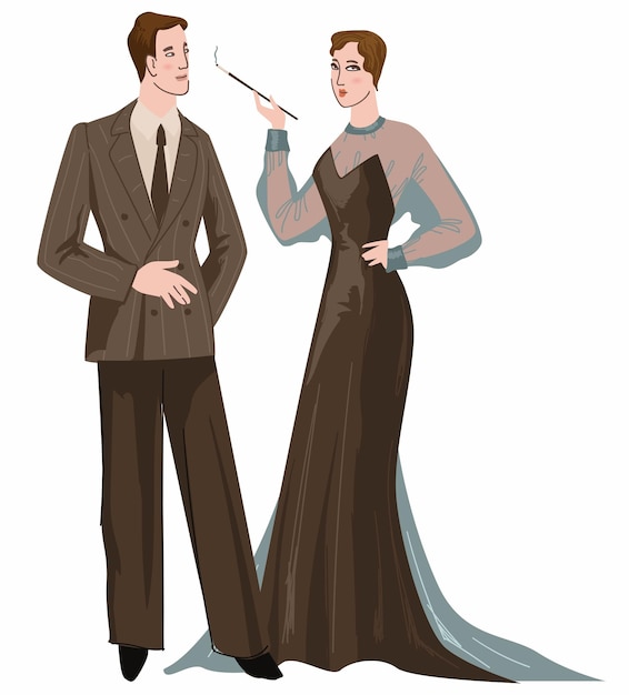 Man and woman wearing vintage elegant clothes