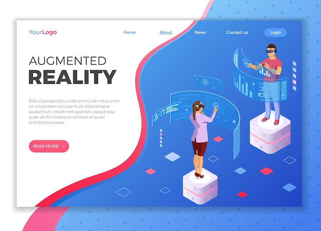 Man and woman wearing virtual reality glasses with augmented reality touches transparent screens. isometric future technology. . landing page template