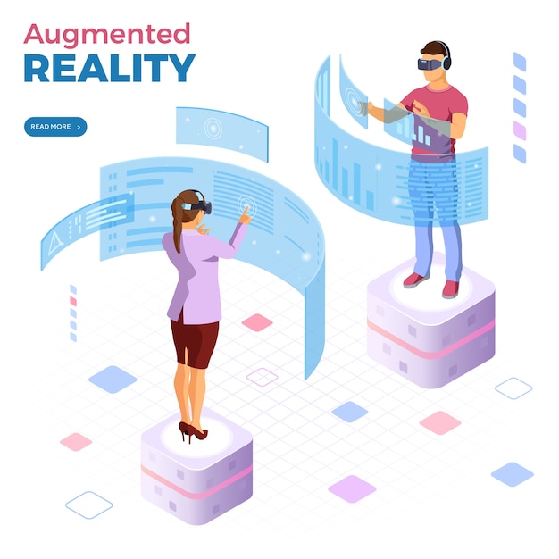 Man and woman wearing virtual reality glasses with augmented reality web banner