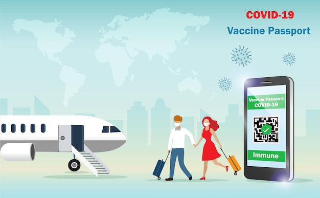 Man and woman with covid19 vaccine passport on smartphone qr code immune certified for traveling