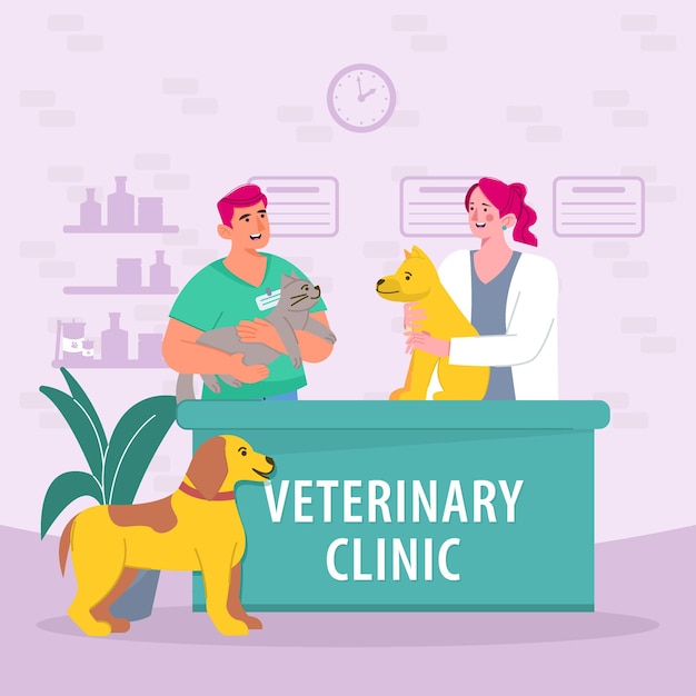 a man and a woman with a dog at a vets office